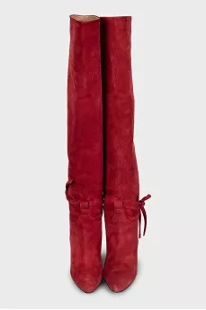 Red suede over-the-knee boots with heels
