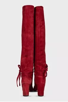 Red suede over-the-knee boots with heels