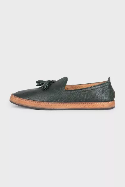Men's green leather moccasins