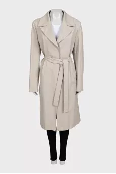 Long grey wrap trench coat with belt