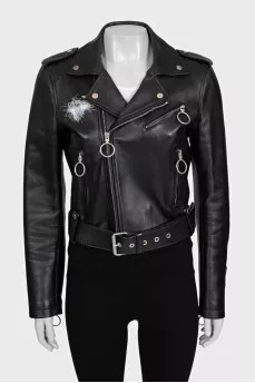 Cropped leather jacket with brand logo
