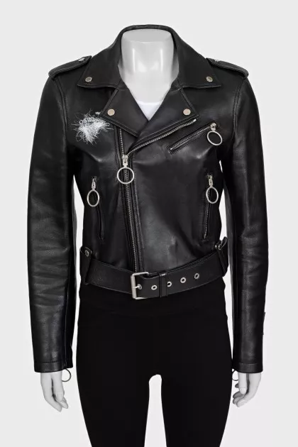 Cropped leather jacket with brand logo