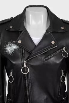 Cropped leather jacket with brand logo