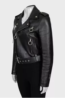 Cropped leather jacket with brand logo