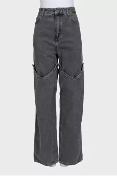 Gray wide-leg cowboy jeans