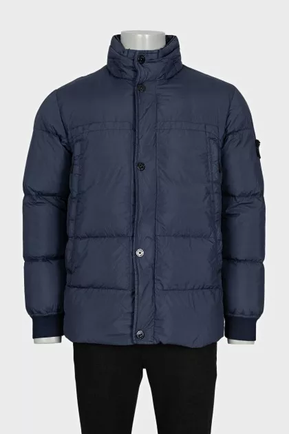 Men's blue down jacket with a branded patch