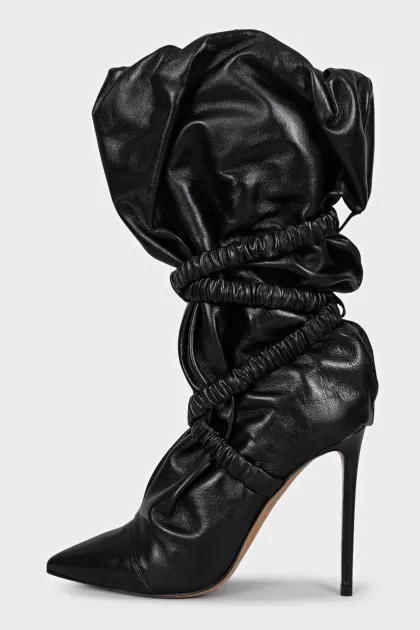 Black leather boots with draping