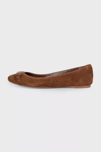 Brown suede ballet flats with a silver buckle