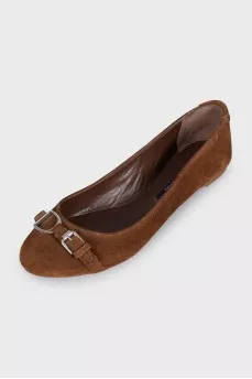 Brown suede ballet flats with a silver buckle