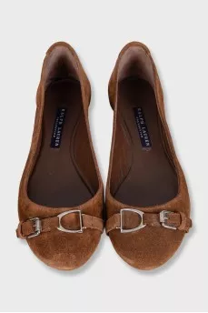 Brown suede ballet flats with a silver buckle