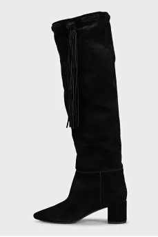 Black suede over-the-knee boots with tassels