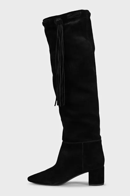 Black suede over-the-knee boots with tassels