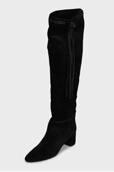 Black suede over-the-knee boots with tassels