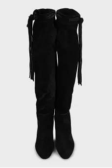 Black suede over-the-knee boots with tassels