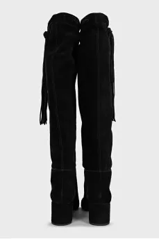 Black suede over-the-knee boots with tassels
