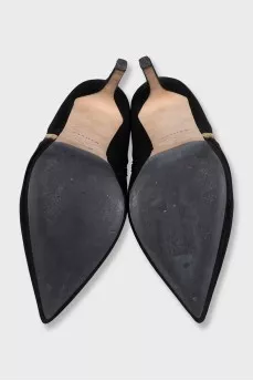 Black suede ankle boots with heels and embellishments