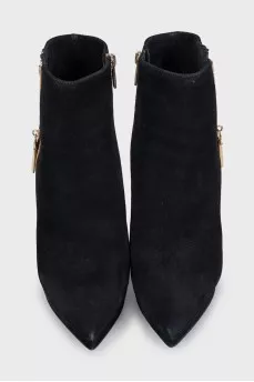 Black suede ankle boots with heels and embellishments