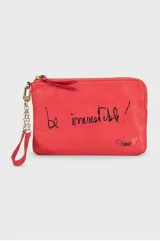 Leather clutch decorated with inscription