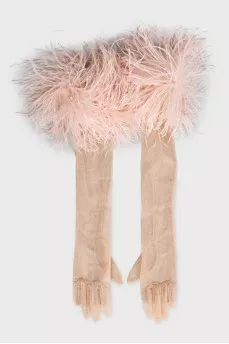 Transparent gloves decorated with feathers