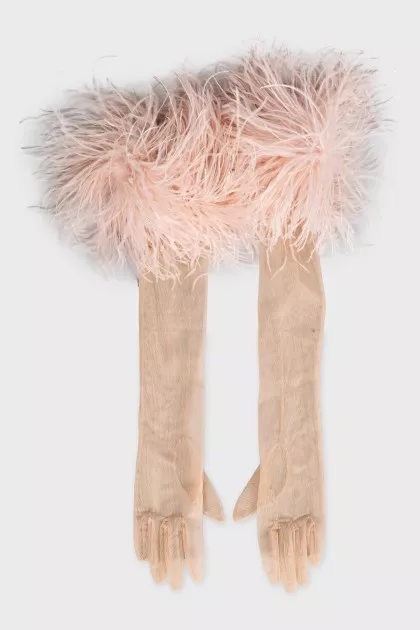 Transparent gloves decorated with feathers