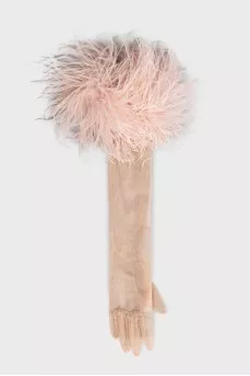 Transparent gloves decorated with feathers