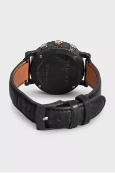 Men's leather watch with a black dial