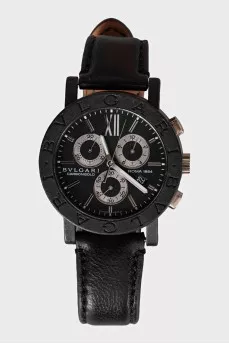 Men's leather watch with a black dial