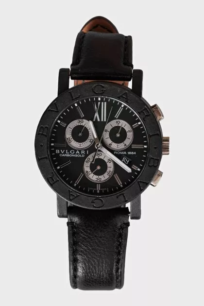 Men's leather watch with a black dial