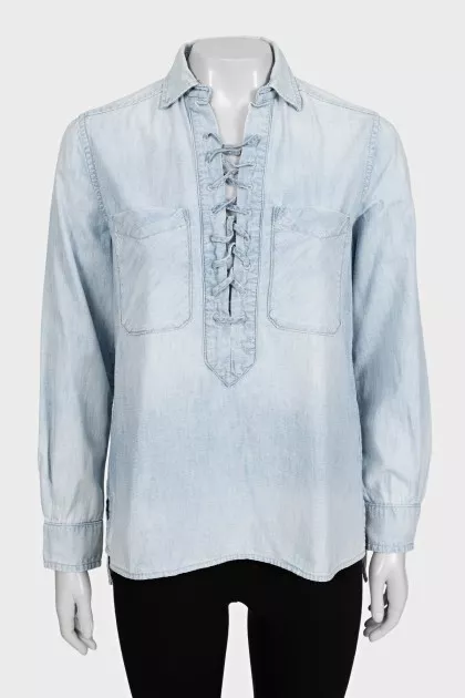 Blue denim shirt with ties