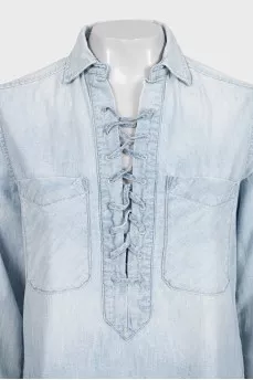 Blue denim shirt with ties