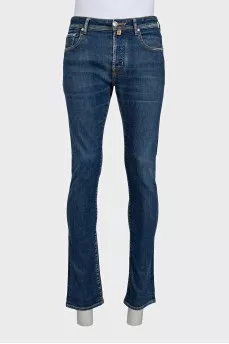 Men's blue straight-leg jeans with buttons