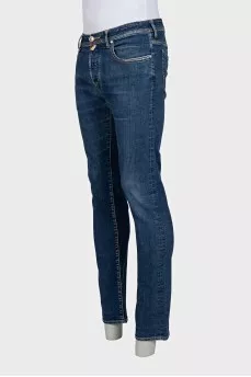 Men's blue straight-leg jeans with buttons