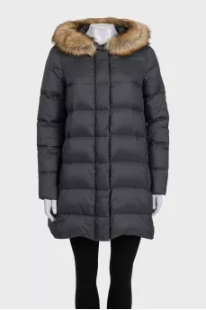 Gray down jacket with a fur hood