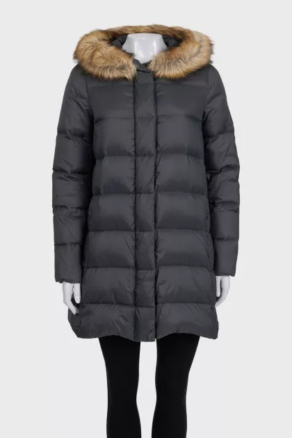 Gray down jacket with a fur hood