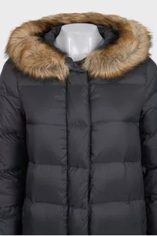 Gray down jacket with a fur hood
