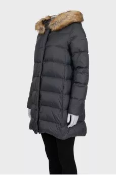 Gray down jacket with a fur hood