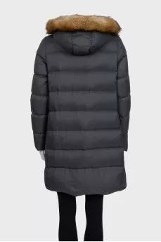 Gray down jacket with a fur hood