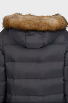 Gray down jacket with a fur hood