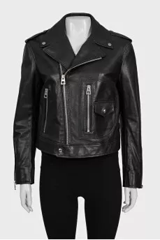 Black leather jacket with tag