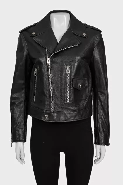 Black leather jacket with tag