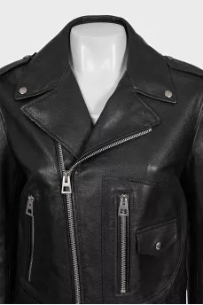 Black leather jacket with tag