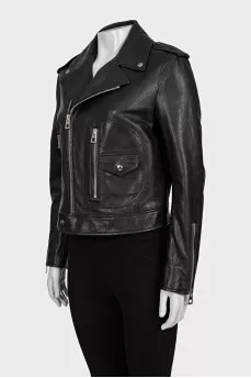 Black leather jacket with tag