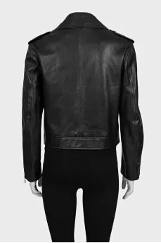 Black leather jacket with tag
