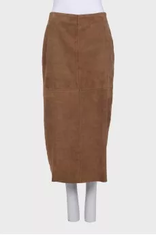 Brown fitted suede skirt