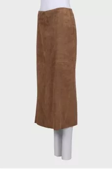 Brown fitted suede skirt