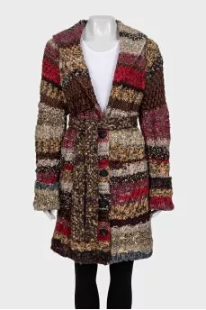 Multicolored knitted cardigan with a belt