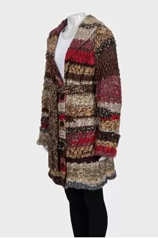 Multicolored knitted cardigan with a belt