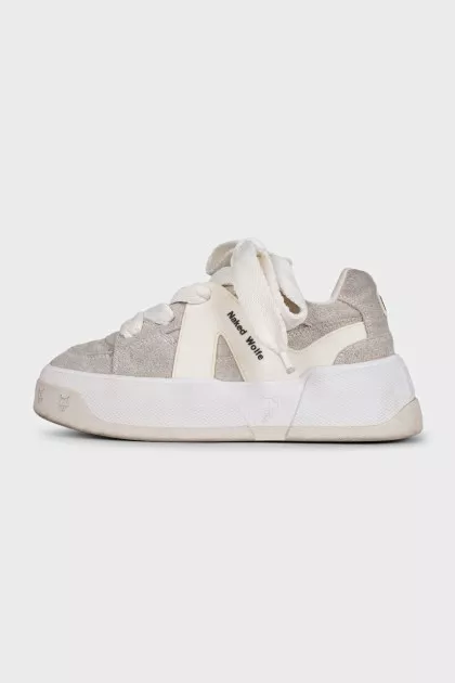 Gray suede sneakers with a chunky platform