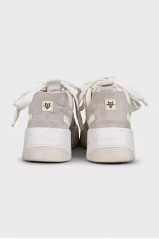 Gray suede sneakers with a chunky platform