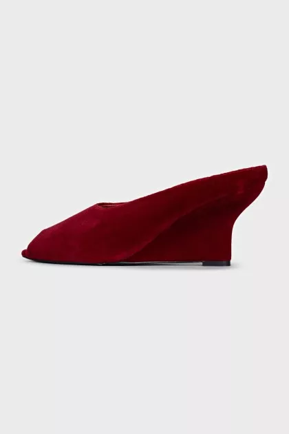 Red velvet wedge shoes